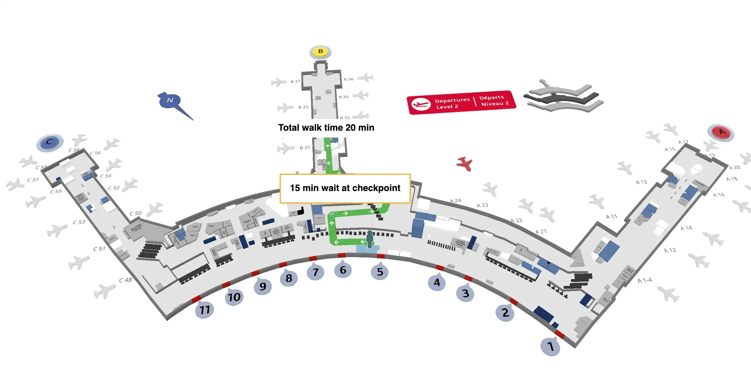 Map showing an airport layout